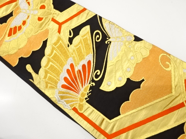 JAPANESE KIMONO / ANTIQUE FUKURO OBI / SILK / WOVEN BUTTERFLY & KIKKO